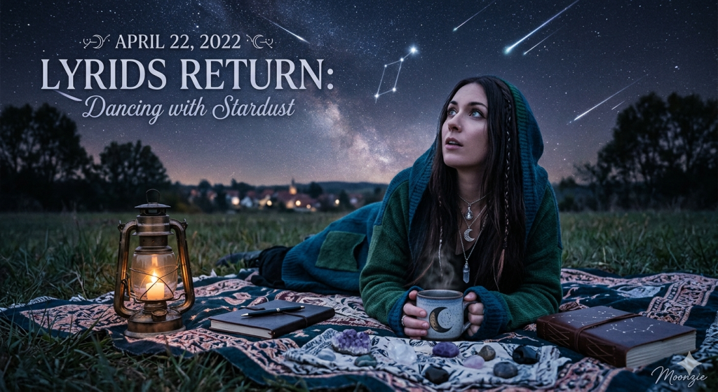 A woman lying on a blanket in a field at night, watching a meteor shower in the starry sky, surrounded by crystals, a journal, and a lantern.
