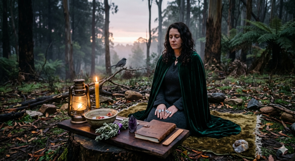 A woman wearing a green velvet cloak kneeling in a misty forest at dawn, meditating before a wooden altar with a candle, a lantern, a bowl of water, and an open journal.