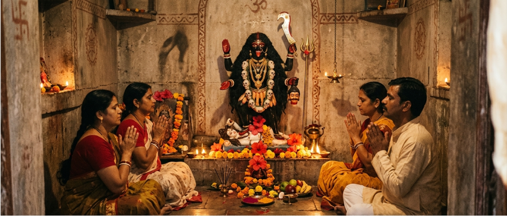 A group of four Indian devotees—three women and one man—kneel in prayer inside a traditional, candle-lit stone temple before a black statue of the Hindu Goddess Kali, who is adorned with skulls and hibiscus flowers.