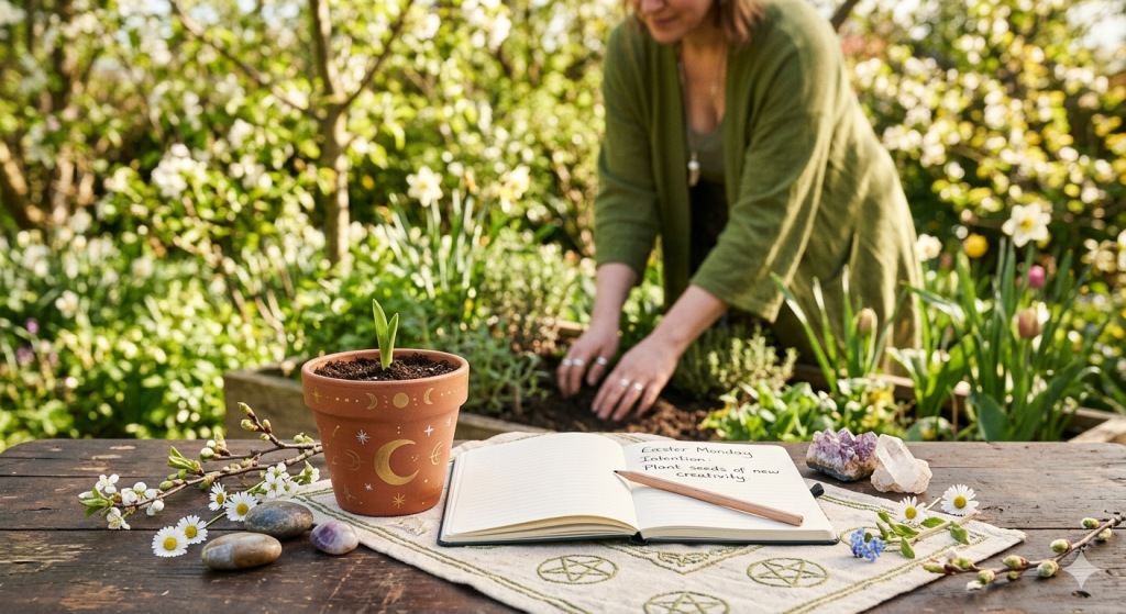 A close-up view on a rustic wooden table featuring a terracotta pot painted with gold celestial symbols, a notebook with handwritten intentions, and crystals, while a person tends to a garden in the soft-focused, sun-drenched background.