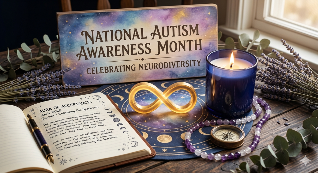 An atmospheric flat-lay photograph on a dark wood table features a glowing golden infinity symbol on a zodiac mat. Behind it, a wooden sign reads 'National Autism Awareness Month' and 'Celebrating Neurodiversity' in whimsical script. Also present are a lit blue candle, crystal beads, a compass, and an open journal titled 'Aura of Acceptance.' The scene is framed by dried lavender and eucalyptus.