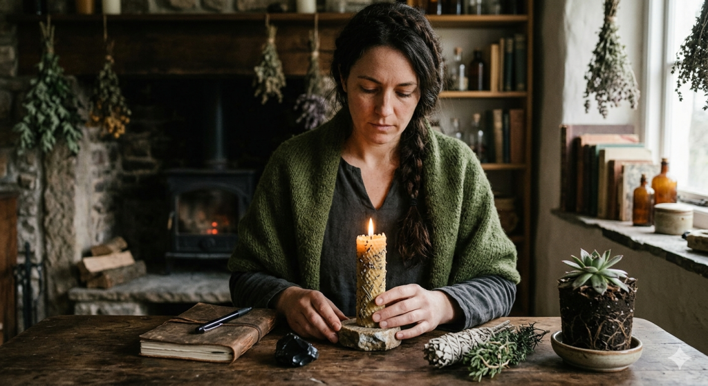 A woman with a braided hairstyle wearing a green shawl sits at a wooden table in a rustic, cozy room. She is focused on a lit beeswax candle placed on a stone base. On the table are a leather-bound journal, a piece of obsidian, a sage smudge stick, some fresh rosemary, and a small potted succulent. In the blurred background, dried herbs hang near a stone fireplace.