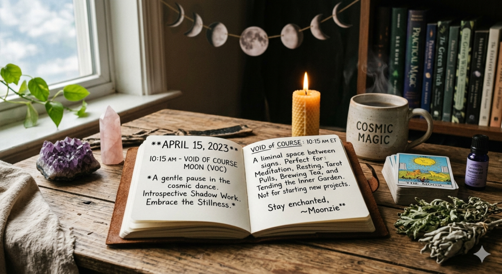 A cozy, witchy wooden desk scene featuring an open journal with notes about the Moon being Void of Course on April 15, 2023, surrounded by a beeswax candle, a steaming mug, tarot cards, and dried herbs.