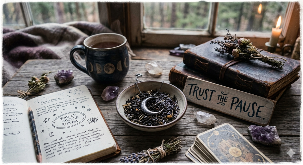 A cozy, witchy desk scene featuring an open journal with handwritten notes about a "Void of Course" moon at 9:13 AM, surrounded by crystals, a ceramic mug, a pile of old books, dried lavender, and a sign that reads "Trust the Pause."