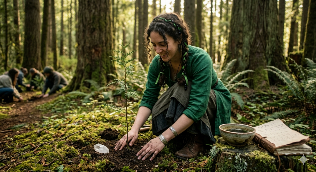 A woman in mystical green and brown attire kneels in a sun-drenched forest, planting a small evergreen sapling next to a large quartz crystal.