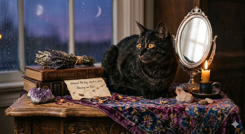 A mystical scene featuring a dark tabby cat sitting on an antique wooden table adorned with a velvet tapestry, a small lit candle, a mirror, and books, all set against a window backdrop with a moonlit sky.