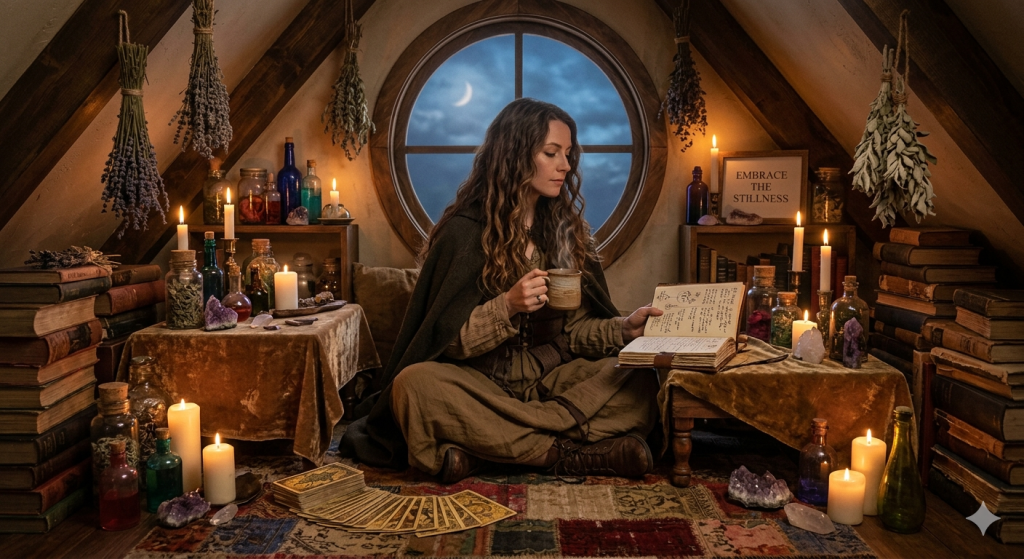 A witch sitting on a rug in a cozy, candlelit attic, reading an open grimoire with a steaming mug of tea. The room is decorated with hanging dried herbs, crystal clusters, and tarot cards spread on the floor. A circular window behind her reveals a crescent moon in the night sky.