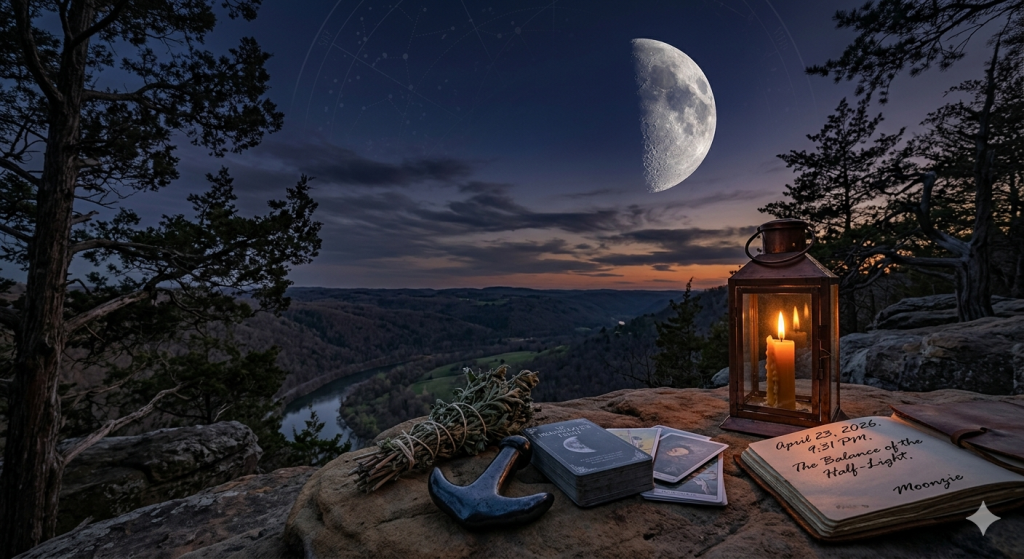 A mystical flat-lay scene on a cliff at dusk featuring a glowing lantern, a bundle of dried herbs, a hematite stone, and a tarot deck under a bright First Quarter Moon.