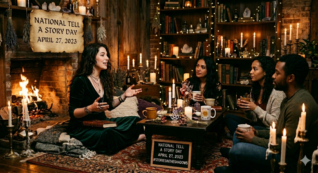 A group of four friends sitting on a rug around a low coffee table in a dimly lit, cozy room, listening to a woman in a green velvet dress tell a story. The room is filled with candles, bookshelves, and a glowing fireplace, creating a magical, witchy atmosphere.