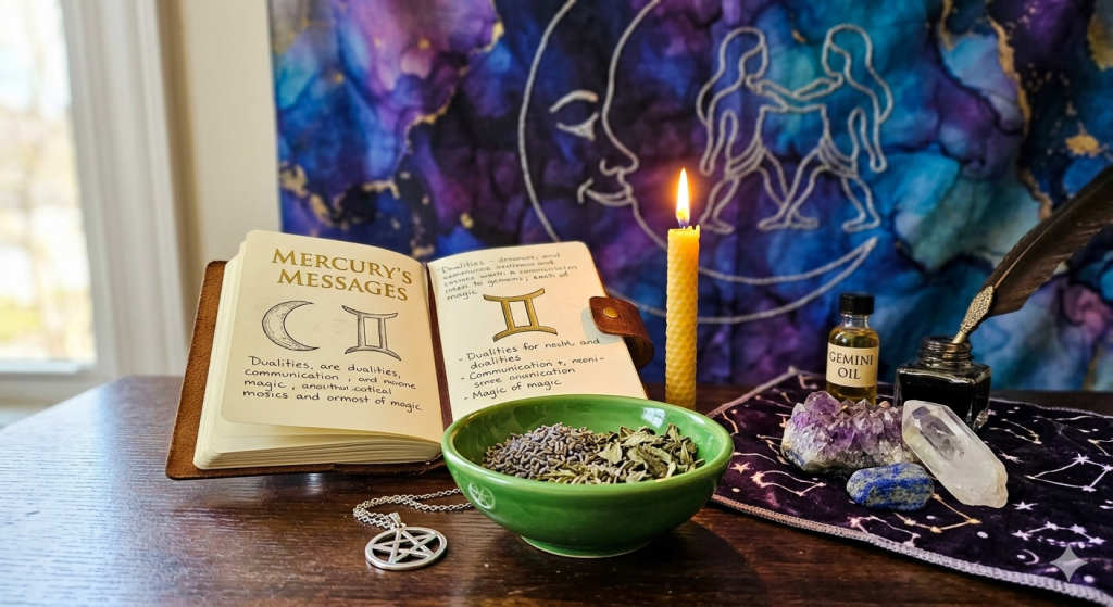 A cozy, witchy altar setup featuring an open journal with the Gemini symbol and the words "Mercury's Messages," a glowing yellow candle, a green bowl of dried lavender, and a feather quill pen on a dark wooden table.