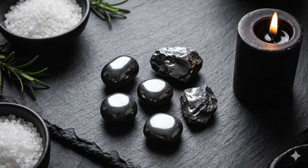 A close-up photograph on a dark, slate surface featuring a highly polished, metallic-gray Hematite palm stone and a rough, iridescent piece of raw Hematite. Next to them sits a small, black ceramic bowl containing sea salt and a sprig of dried rosemary, all softly lit by a nearby black candle flame.