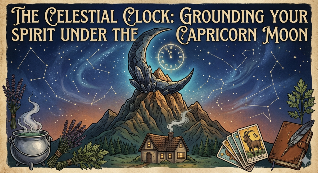 Illustration of a crescent moon shaped like a crystal hovering over a mountain peak, surrounded by a starry sky, a steaming cauldron, herbs, tarot cards, and a leather-bound journal.