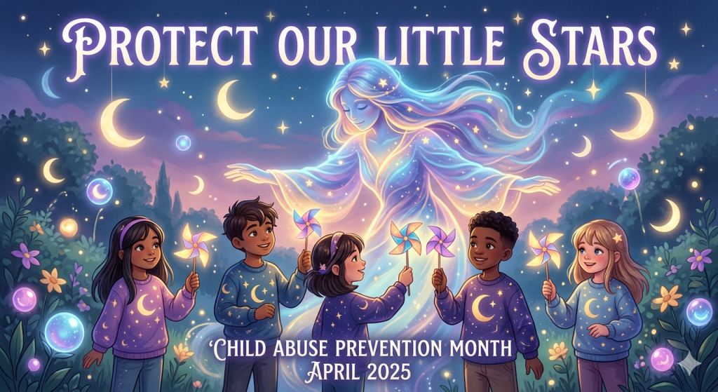 A mystical digital illustration showing diverse children holding glowing pinwheels and being watched over by a protective, ethereal figure made of light and stars in a twilight garden full of floating crescent moons and magical orbs. The text 'PROTECT OUR LITTLE STARS' and 'CHILD ABUSE PREVENTION MONTH APRIL 2025' are displayed in glowing fonts.