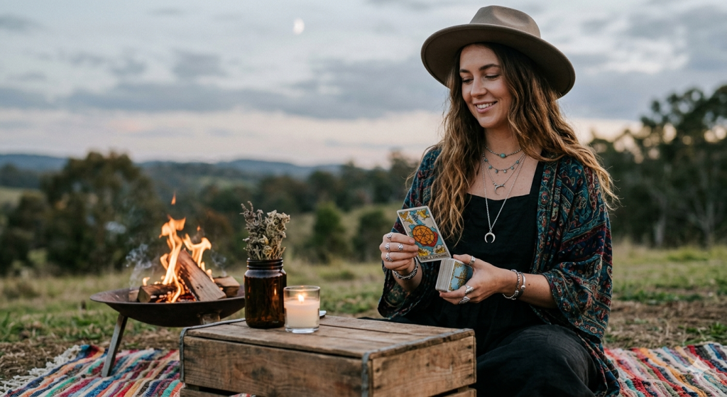 A woman wearing a wide-brimmed hat and layered jewelry sits on a colorful rug in an open field at dusk, holding a tarot card while a small campfire burns nearby.