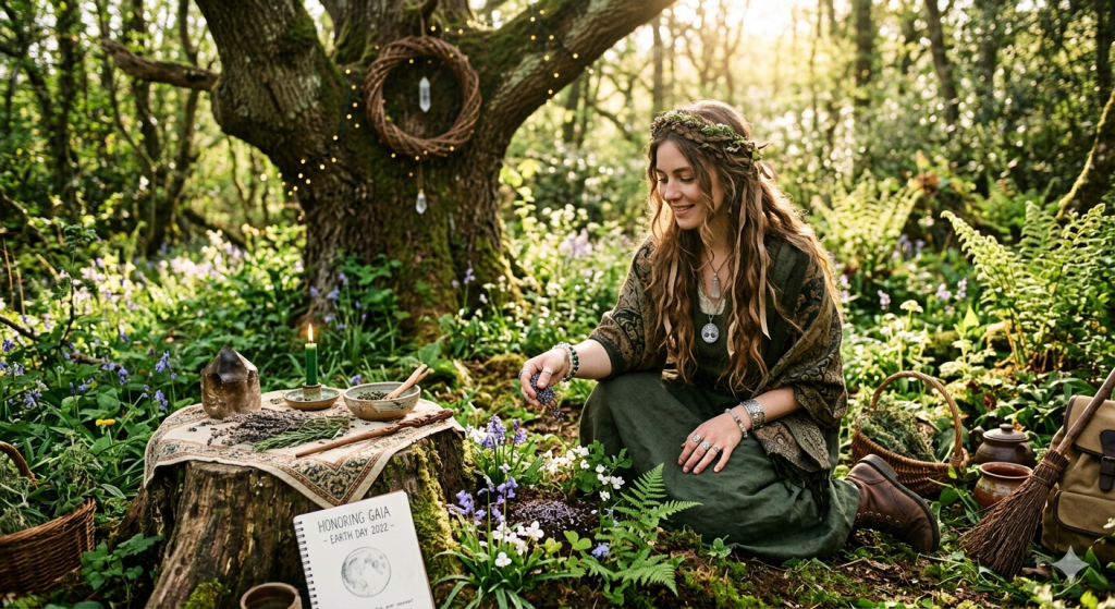 A green witch kneeling in a lush forest, placing a small herbal offering onto the earth beside a mossy stump adorned with a green candle, crystals, and a sketchbook.