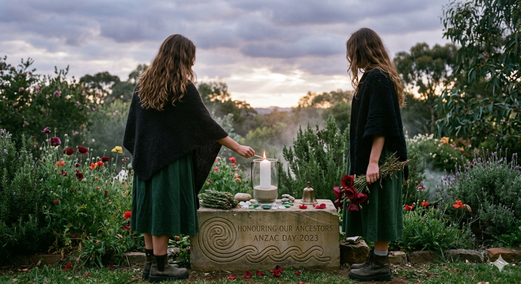 Two individuals in a garden at dawn, dressed in dark green dresses and black shawls, standing on opposite sides of a stone altar. One person lights a candle in a glass lantern on the altar, which is covered in rosemary, sea glass, and a small bell. Red poppies are scattered around, and the background shows a misty, green landscape at sunrise.