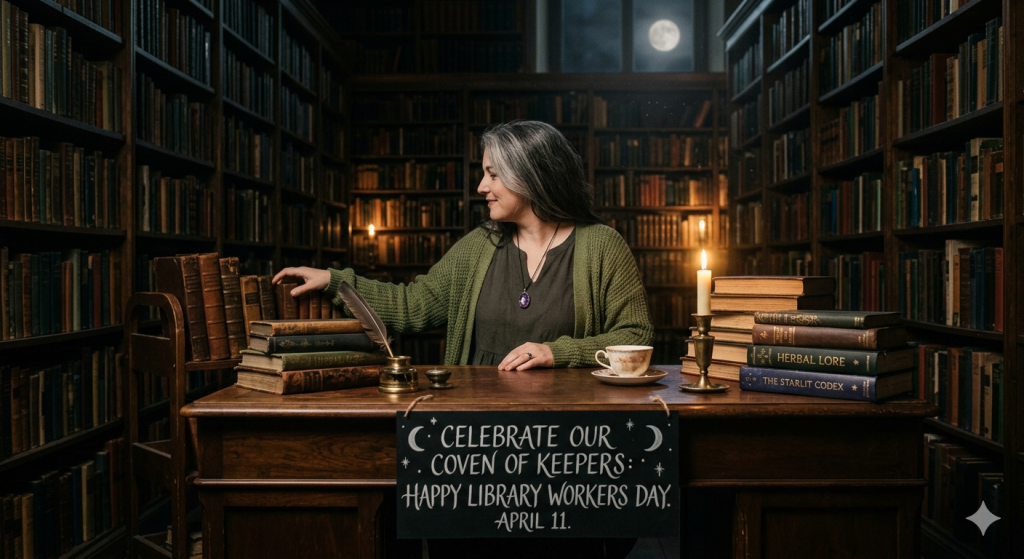 A middle-aged woman with silver-streaked hair, wearing a dark green cardigan, sits at an old wooden desk in a dimly lit, cozy library filled with floor-to-ceiling bookshelves. On her desk are stacks of vintage books, a quill pen, a cup of tea, and a lit candle. A sign hanging on the front of the desk reads "Celebrate Our Coven of Keepers: Happy Library Workers Day. April 11." Through a window in the background, a full moon glows.