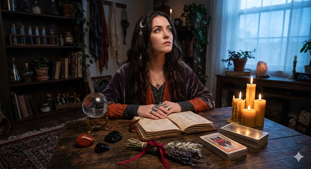 A young woman with long, wavy dark hair and celestial hair accessories sits at a rustic wooden desk, looking upward with a contemplative expression. The desk is cluttered with witchy items including a crystal ball, a leather-bound grimoire, tarot cards, dried lavender, and flickering yellow candles. The room is dimly lit with a soft, mystical atmosphere.