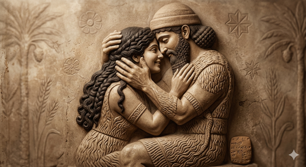 A bas-relief style stone carving depicting the Sumerian goddess Inanna and her consort, the shepherd Dumuzid, in a tender, intimate embrace, surrounded by stylized ancient Mesopotamian floral and agricultural motifs.