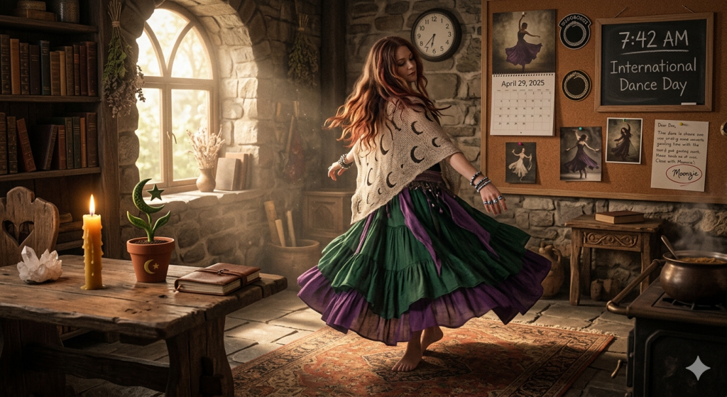 A woman with long auburn hair and a moon-patterned shawl dances in a rustic, sunlit stone cottage. The room features a chalkboard reading "7:42 AM International Dance Day" and a calendar marked April 29, 2025.