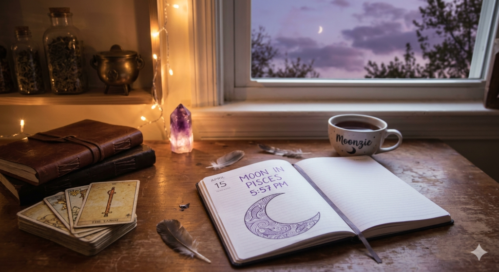 A cozy, witchy desk scene at twilight featuring an open journal with handwritten notes about the Moon in Pisces, a deck of tarot cards, an amethyst crystal, a steaming mug, and a view of the evening sky through a nearby window.