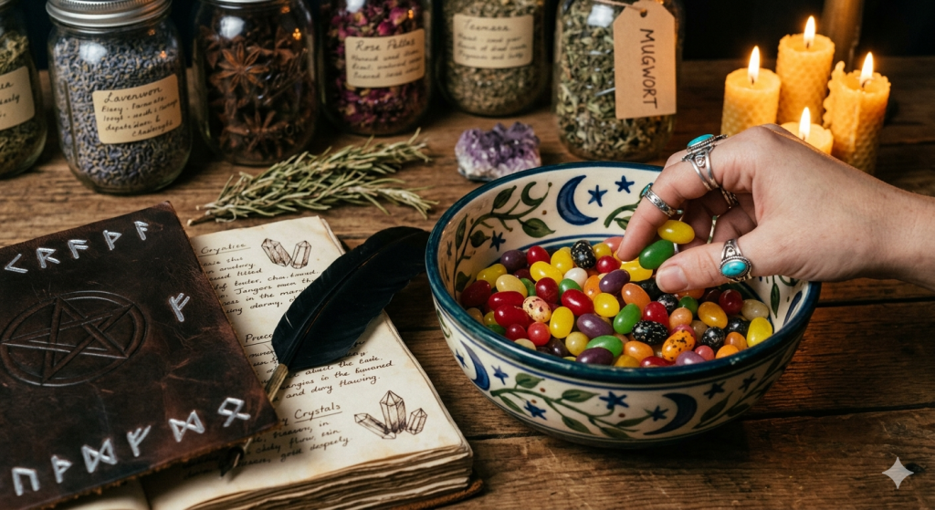 A close-up, high-angle shot of a witchy altar setup on a wooden table. A hand wearing several silver rings reaches into a decorative ceramic bowl painted with stars and moons to pick up a green jelly bean. Beside the bowl is an open leather-bound grimoire featuring a pentacle and Elder Futhark runes, alongside a black feather quill. In the background, there are glass jars filled with dried herbs labeled "Lavender," "Rose Petals," and "Mugwort," with three lit beeswax candles glowing softly.