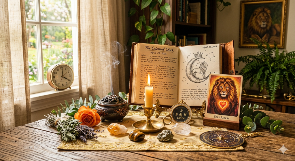 A mystical, witchy workspace on a wooden table, featuring an open journal with a Leo constellation drawing, a burning candle in a brass holder, crystals including citrine and tiger's eye, a tarot card showing a lion with a glowing heart, an incense burner with rising smoke, and a clock set to 2:40 PM, all bathed in soft, natural window light.