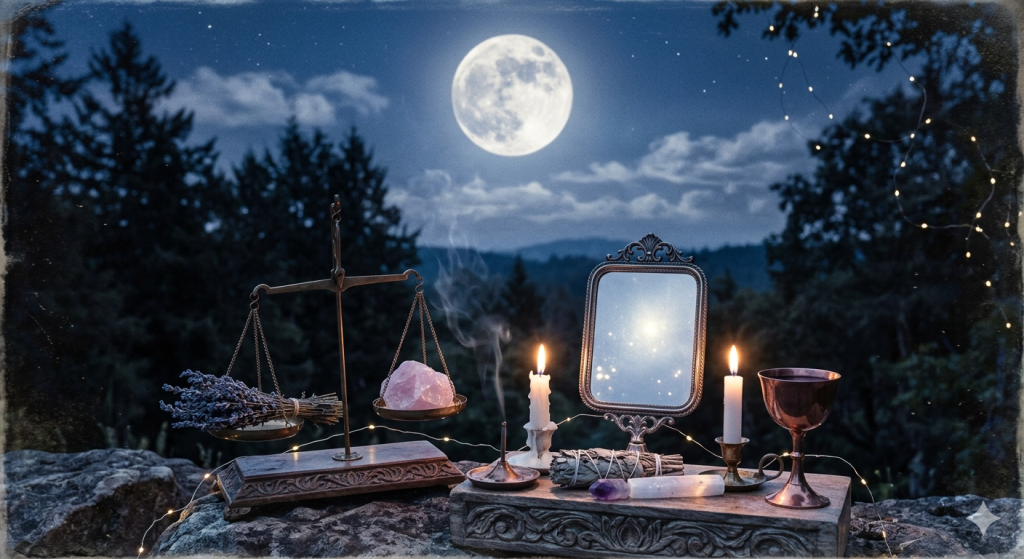 A mystical outdoor altar under a large full moon, featuring brass scales balancing lavender and rose quartz, an ornate mirror, glowing candles, and incense.