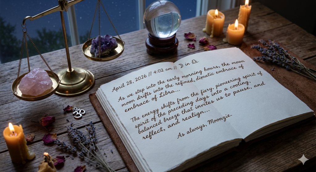 A wooden altar table featuring a small brass scale holding a rose quartz crystal and an amethyst, surrounded by beeswax candles, lavender sprigs, and an open leather-bound journal.