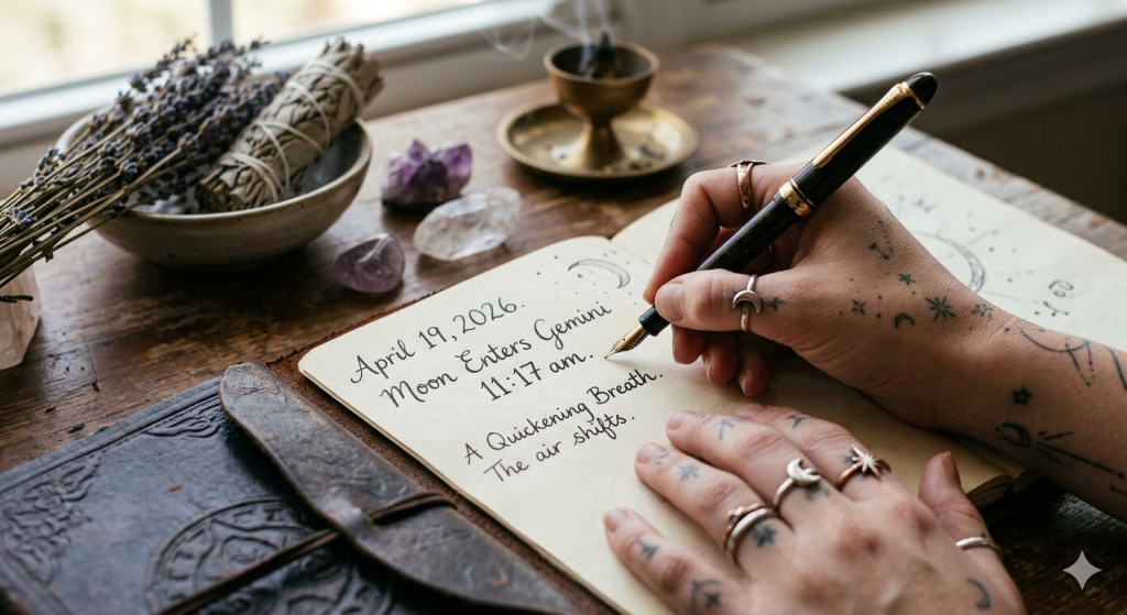 A close-up, top-down view of a person’s hands adorned with celestial rings and delicate star tattoos, writing in a leather-bound journal with a fountain pen. The page reads "April 19, 2026. Moon Enters Gemini 11:17 am." On the rustic wooden desk nearby sit amethyst crystals, a bundle of dried lavender, and a small brass incense burner with a faint wisp of smoke.