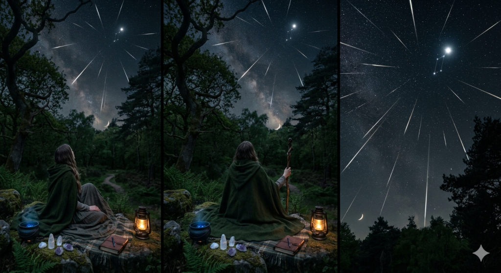A witchy, atmospheric scene featuring a person in a green hooded cloak sitting in a dark, mossy forest at night, watching a brilliant Lyrid meteor shower rain down from the star-filled sky above a glowing cauldron, lantern, crystals, and an open journal.
