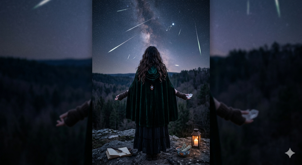 A woman in a dark green velvet cloak standing on a cliff edge at night, looking up at a vibrant Lyrids meteor shower and the Milky Way, holding a clear quartz crystal in her hand.