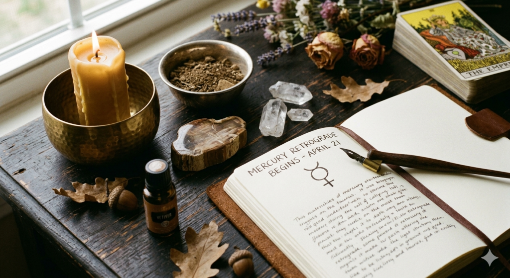 A cozy, mystical wooden table setup featuring a lit beeswax candle, clear quartz crystals, a bottle of vetiver essential oil, dried flowers, and a leather-bound journal open to a handwritten page about Mercury retrograde, with The Empress tarot card resting nearby.