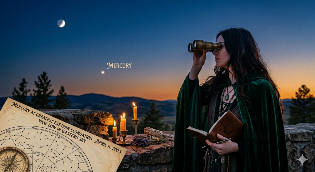 A woman dressed in a velvet green cloak and holding a leather-bound journal stands on a stone wall at twilight, looking through antique brass binoculars toward the western horizon where Mercury is visible as a bright point of light near the setting sun.