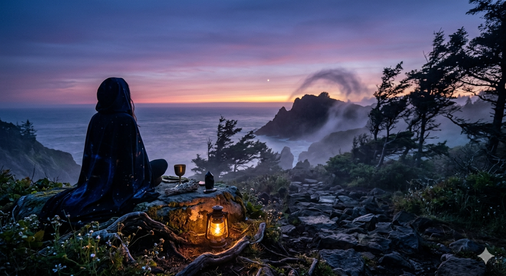 A hooded figure sitting on a rocky cliff overlooking a misty ocean at dawn, observing a bright planet low on the horizon, with a lantern, crystals, and herbs arranged on a stone altar nearby.