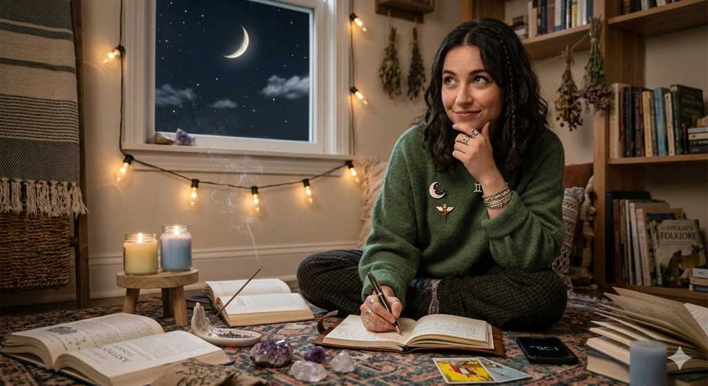 A young woman with dark wavy hair sits on a cozy rug surrounded by open books, crystals, and two candles. She is writing in a leather journal and looking up thoughtfully. In the background, a window shows a crescent moon in a starry night sky.
