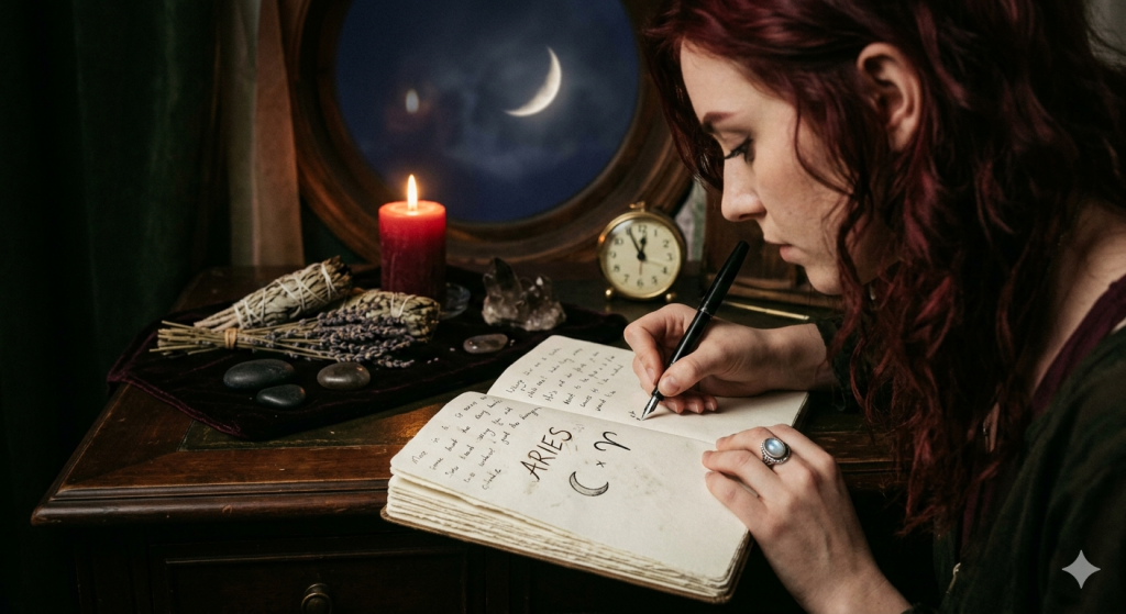 A woman with auburn hair writing "ARIES" and the Aries zodiac symbol in a journal by candlelight at night, with a crescent moon visible through a circular window in the background.