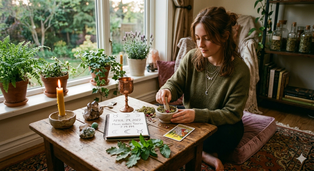 A person with long brown hair wearing a green sweater sits on a floor cushion, using a mortar and pestle to grind herbs. On a rustic wooden table are a lit beeswax candle, crystals, a tarot card, and a notebook dated April 29, 2022, featuring astrological symbols.