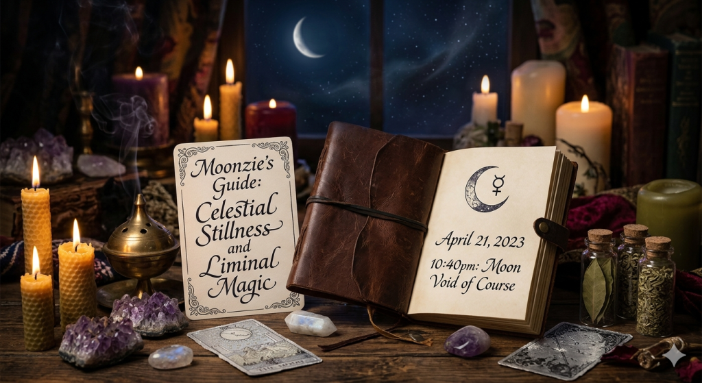 A wooden desk at night lit by many candles, featuring an open leather-bound journal that displays "April 21, 2023, 10:40pm: Moon Void of Course" and a small card that reads "Moonzie’s Guide: Celestial Stillness and Liminal Magic," surrounded by crystals, tarot cards, and herbs.