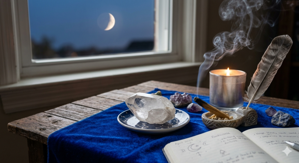 A moody, mystical altar setup on a rustic wooden table featuring a clear quartz crystal, a burning incense stick in a stone holder, a single feather, and a silver candle, set against a dark blue cloth with a crescent moon visible through a window in the background.