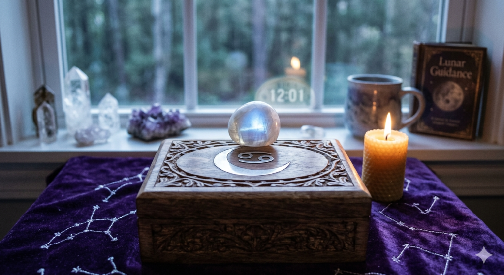 A wooden box with a Cancer moon symbol sits on a purple cloth covered in constellations, topped with a glowing moonstone near a burning candle and window, set at 12:01.