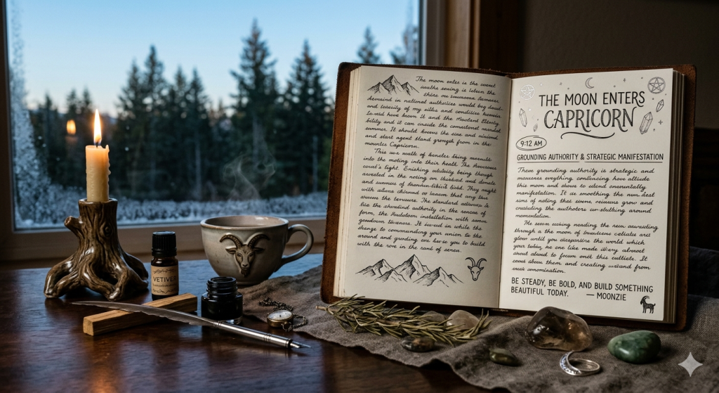 An open journal on a rustic wooden table featuring handwritten notes about the Moon in Capricorn, set beside a steaming mug with a goat emblem, a bottle of vetiver essential oil, a feather quill, and a lit candle, with a pine forest view in the background.