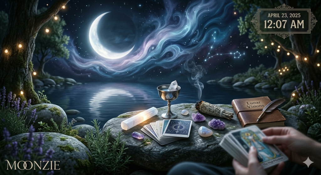 A witchy, magical night scene by a tranquil lake under a large crescent moon and shimmering nebula clouds, featuring a stone altar with tarot cards, crystals, a smoking sage bundle, a chalice, and an open journal, with a person's hands holding a tarot card in the foreground and a "Moonzie" logo in the bottom corner.