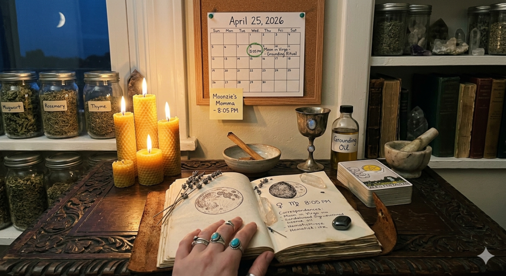 A close-up, first-person view of a witchy desk setup at night, featuring a hand resting on an open grimoire, beeswax candles, jars of herbs like mugwort and rosemary, and a calendar marked for April 25, 2026, to celebrate the Moon in Virgo at 8:05 PM.