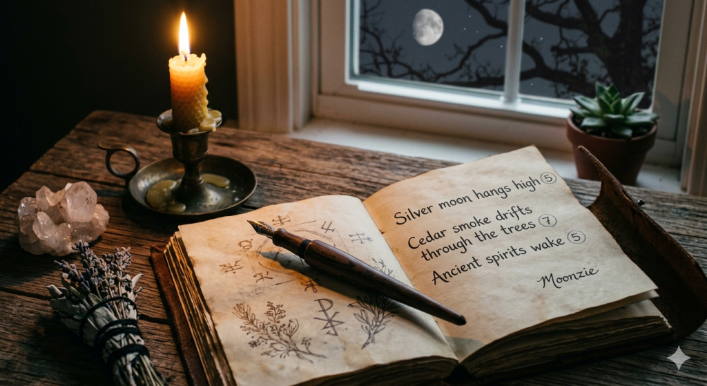 An open, weathered grimoire on a rustic wooden desk featuring a handwritten haiku. Beside the book sits a glowing beeswax candle, a fountain pen, dried lavender, and a quartz crystal. A window in the background reveals a full moon in a night sky.