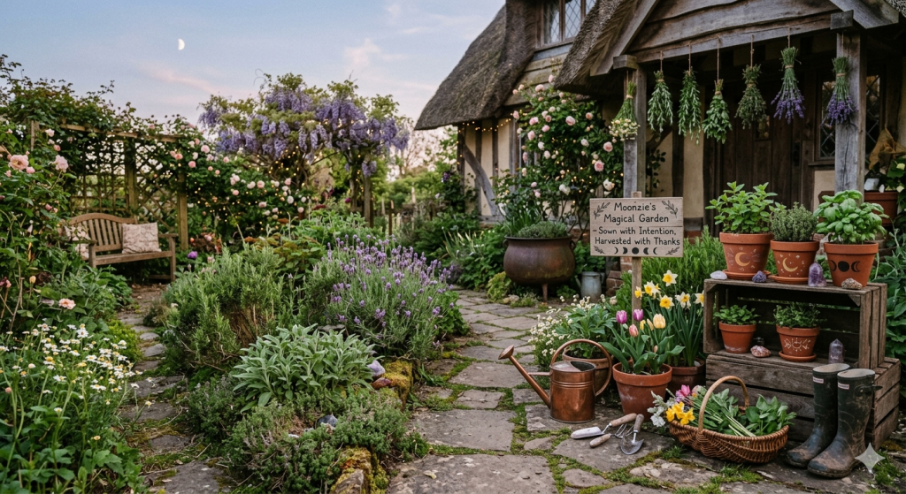 A whimsical cottage garden path leading toward a thatched-roof house, filled with blooming lavender, roses, herbs, a cauldron planter, and a sign reading "Moonzie’s Magical Garden," all under a crescent moon in a twilight sky.