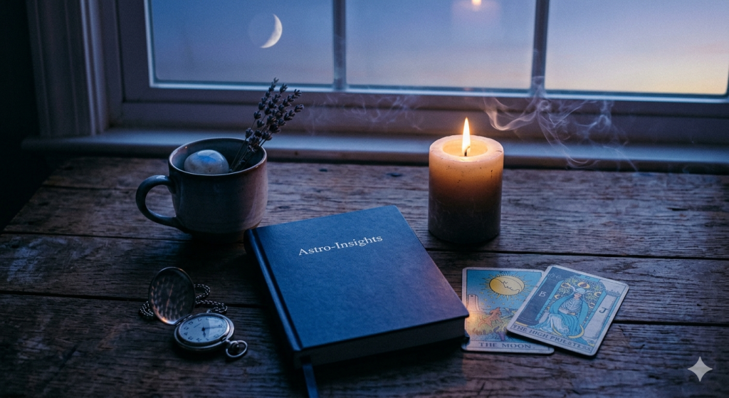 A dimly lit, atmospheric scene at dawn featuring a wooden desk near a window. On the desk sits a burning candle with smoke curling upward, a journal labeled "Astro-Insights," two tarot cards ("The Moon" and "The High Priestess"), and a small cup with dried lavender. Outside the window, a crescent moon hangs in the soft blue morning sky.