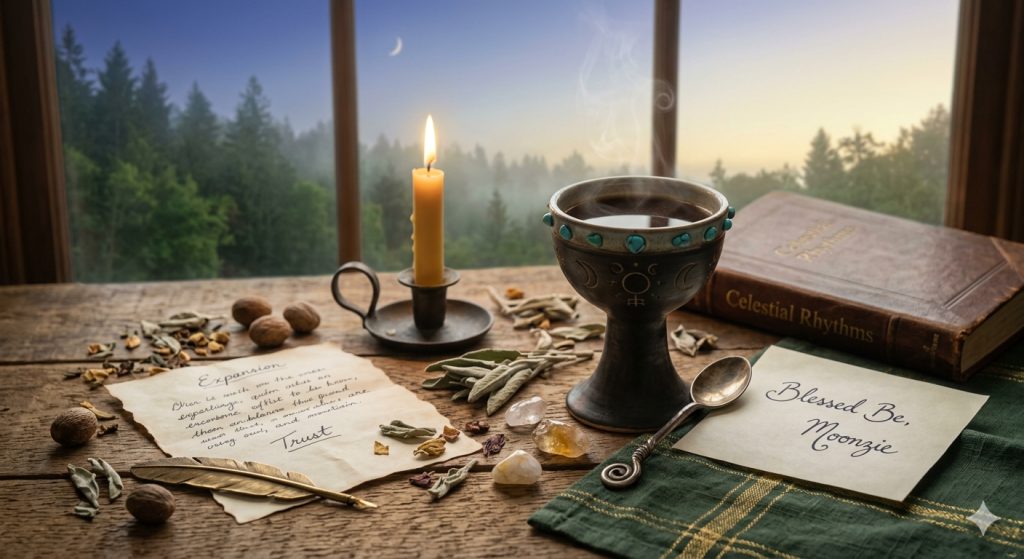 A cozy, rustic wooden altar setup at dawn featuring a steaming chalice, a lit beeswax candle, crystals, dried sage, and handwritten notes on parchment, set against a window view of a misty forest.