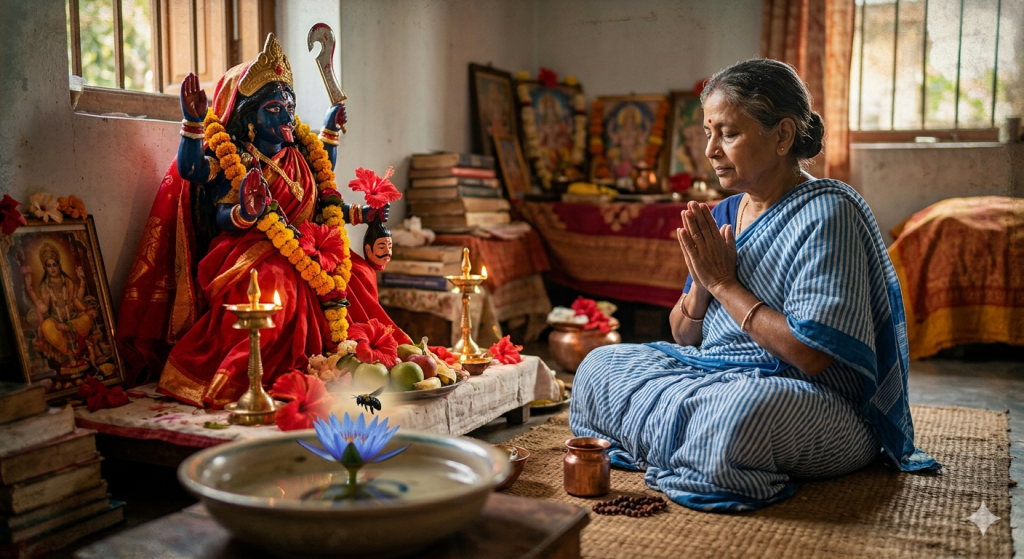A devotional scene featuring an elderly woman sitting in prayer before a statue of the goddess Kali, with a glowing blue lotus flower and a small bee hovering nearby in the foreground.