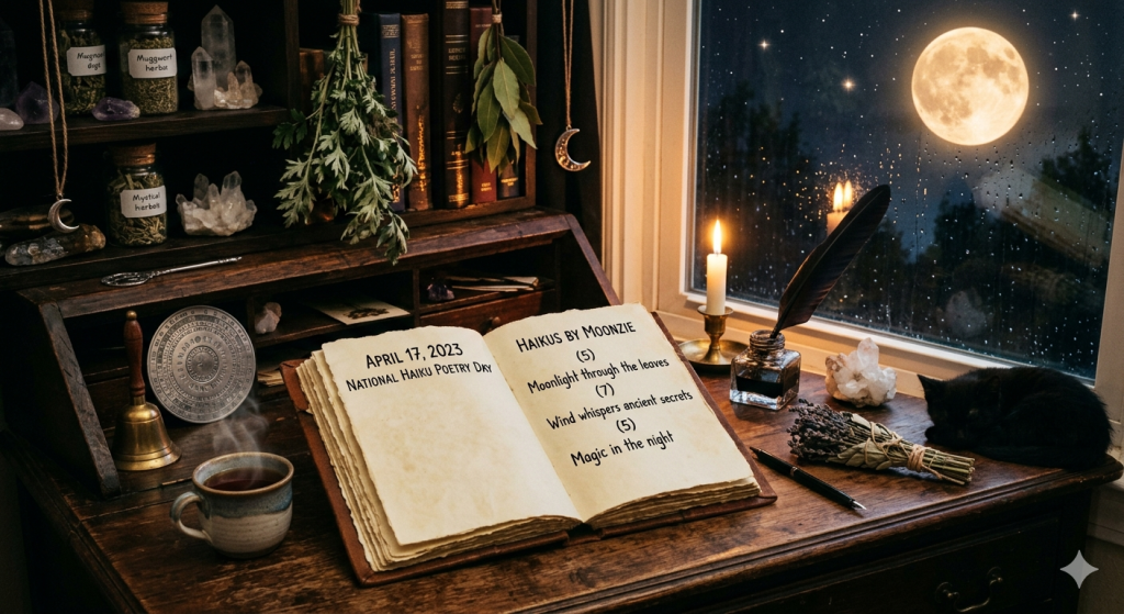 A witchy wooden desk at night featuring an open grimoire with haiku poetry, a steaming mug of tea, a black cat sleeping near a window, and a full moon outside.